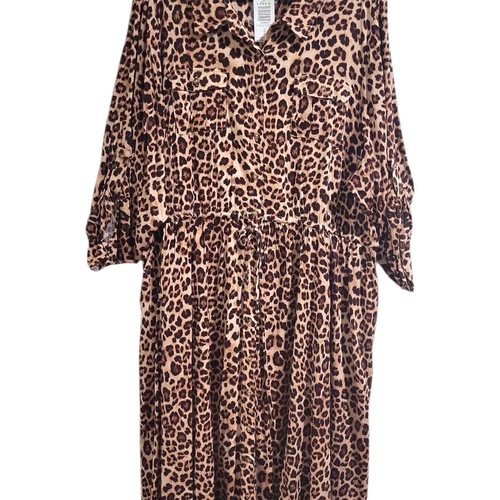 Torrid Leopard Print Chalis Button Down Midi Dress NWT Size 4X Drawstring - Picture 6 of 16